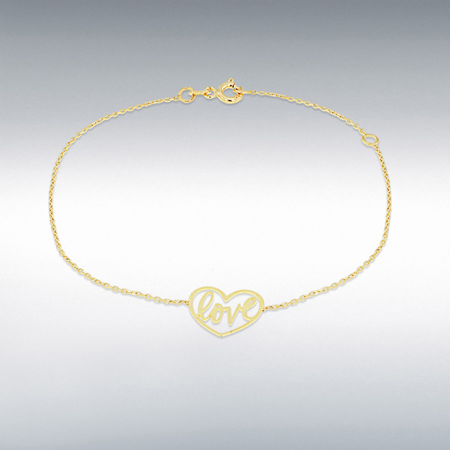 9ct Yellow Gold 12mm x 10.5mm 'Love' Heart Adjustable Bracelet 16cm/6.25"-19cm/7.5