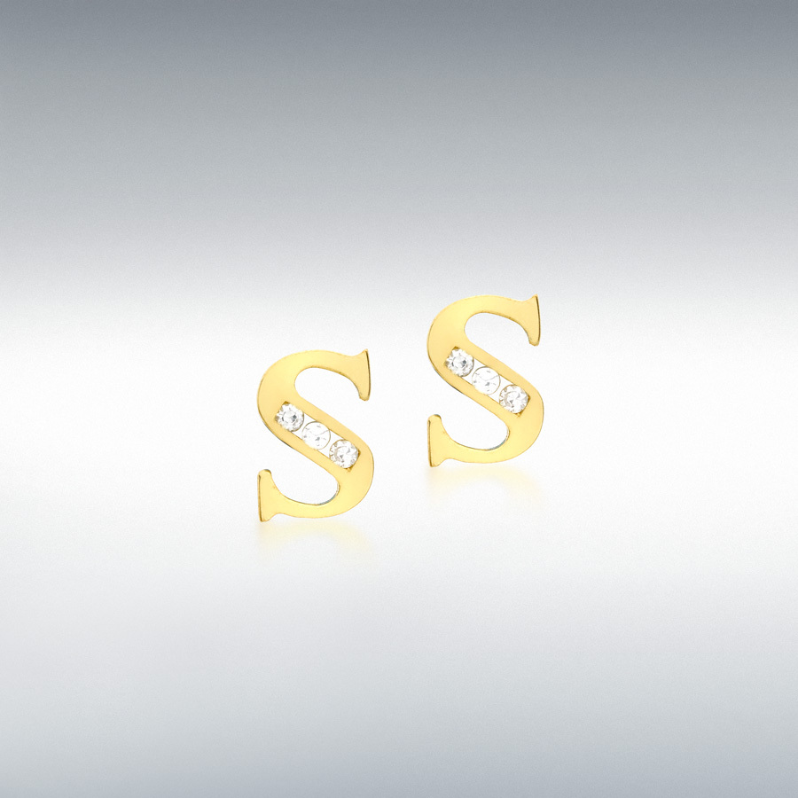 9ct Yellow Gold CZ 5mm x 7mm 'S' Initial Stud Earrings