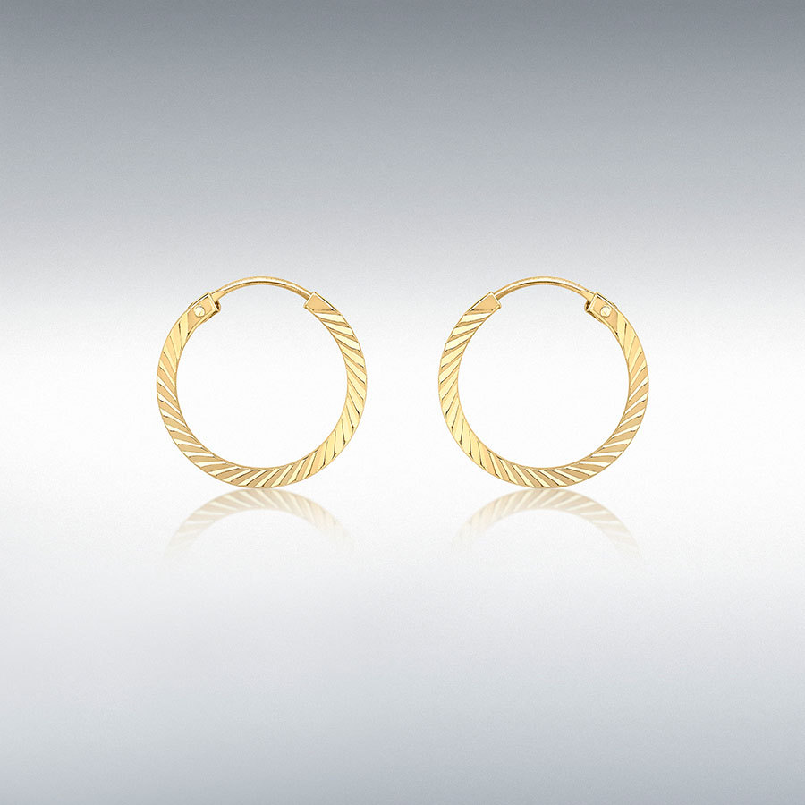 9ct Yellow Gold 1mm Tube 12.5mm Diamond Cut Sleeper Hoop Earrings