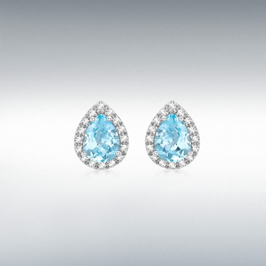 9ct White Gold 0.23ct Diamond and Teardrop Blue Topaz 9mm x 11mm Stud Earrings