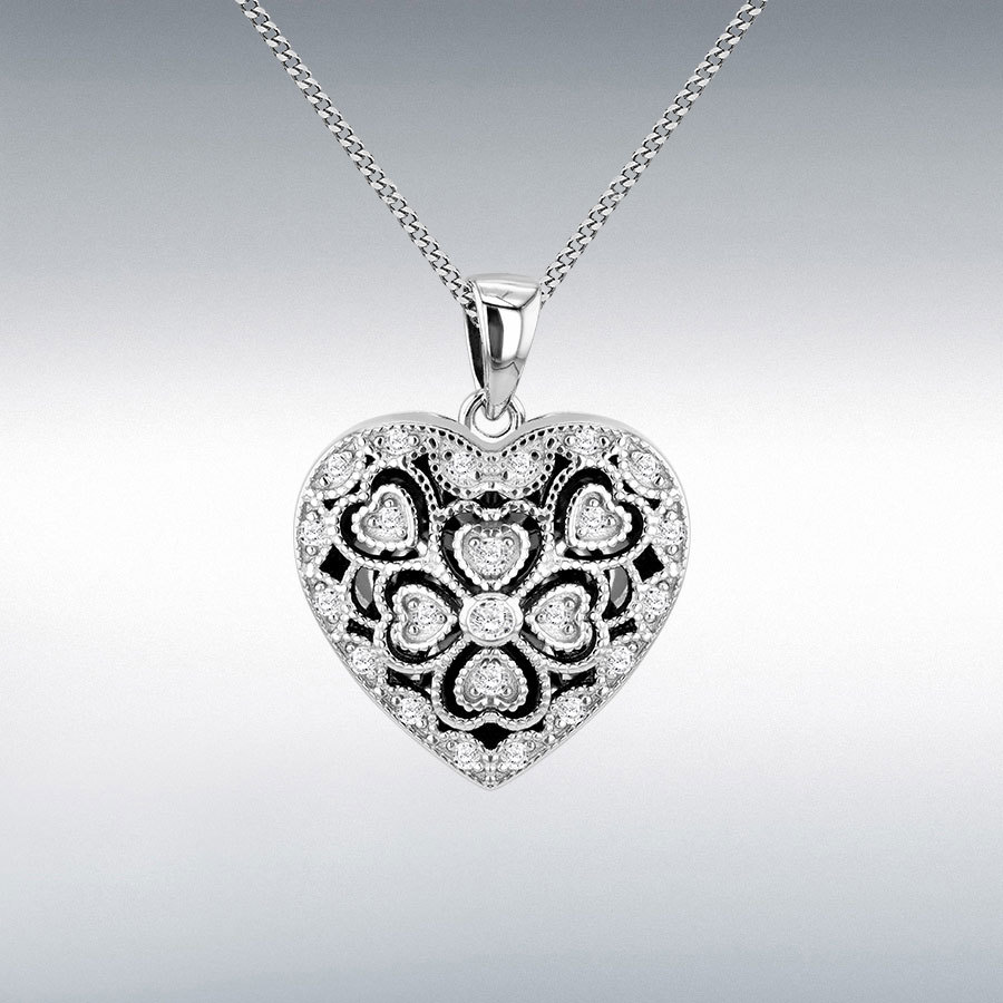 Sterling Silver Rhodium Plated 19mm x 24.5mm Filigree Heart Locket Pendant