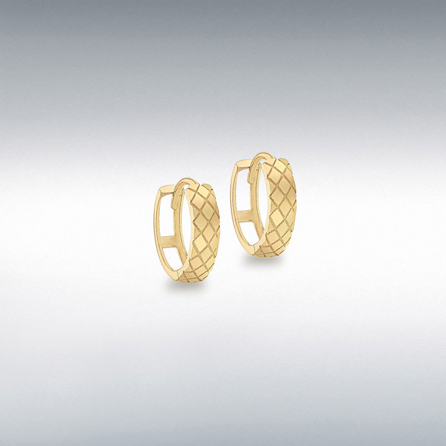 9ct Yellow Gold 4mm x 11mm Quilted Small Hoop Earrings