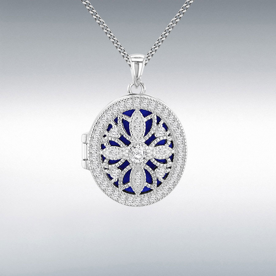 Sterling Silver Rhodium Plated 22.5mm x 32mm Filigree Oval Locket with CZ Pendant