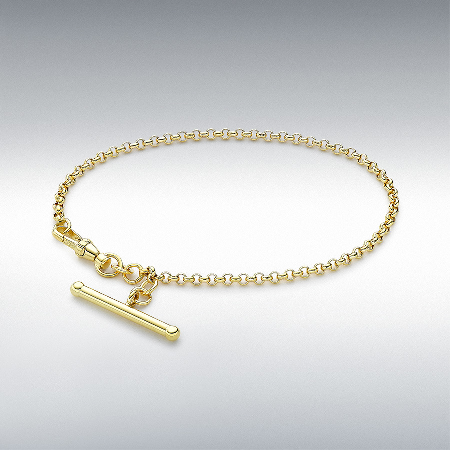 9ct Yellow Gold 25.5mm x 3mm T-Bar 80 Hollow Belcher Chain Albert-Clasp Bracelet 19cm/7.5