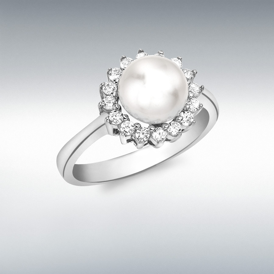 9ct White Gold Freshwater Pearl with CZ Surrounding Round CZ Ring