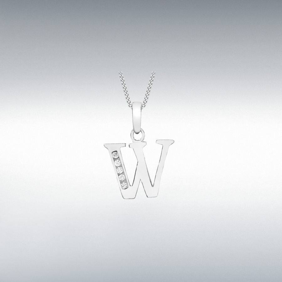 9ct White Gold CZ 12.8mm x 17.5mm 'W' Initial Pendant