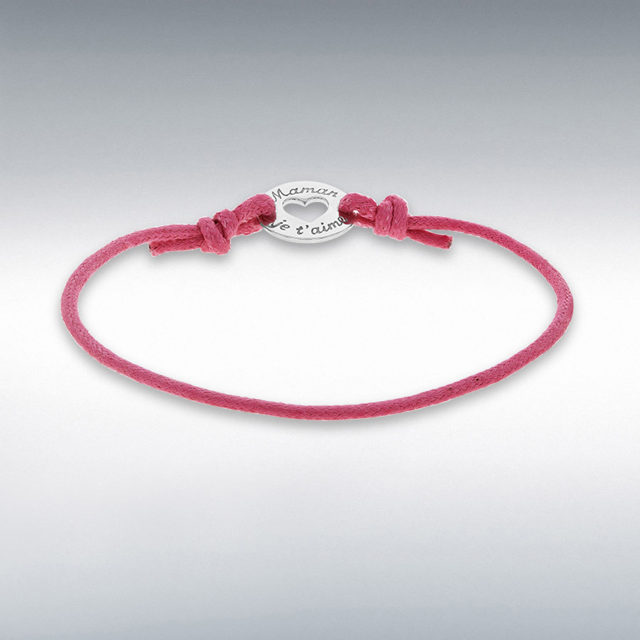 Sterling Silver 'Maman Je T'aime' 16mm Disc and Pink Cord Adjustable Bracelet 13cm/5" - 23cm/9"