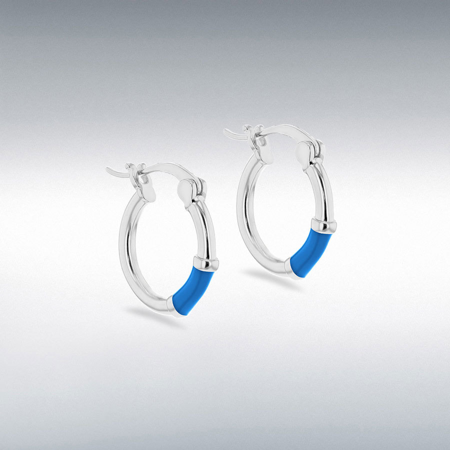 Sterling Silver 10mm Blue Enamel Huggie Hoop Earrings