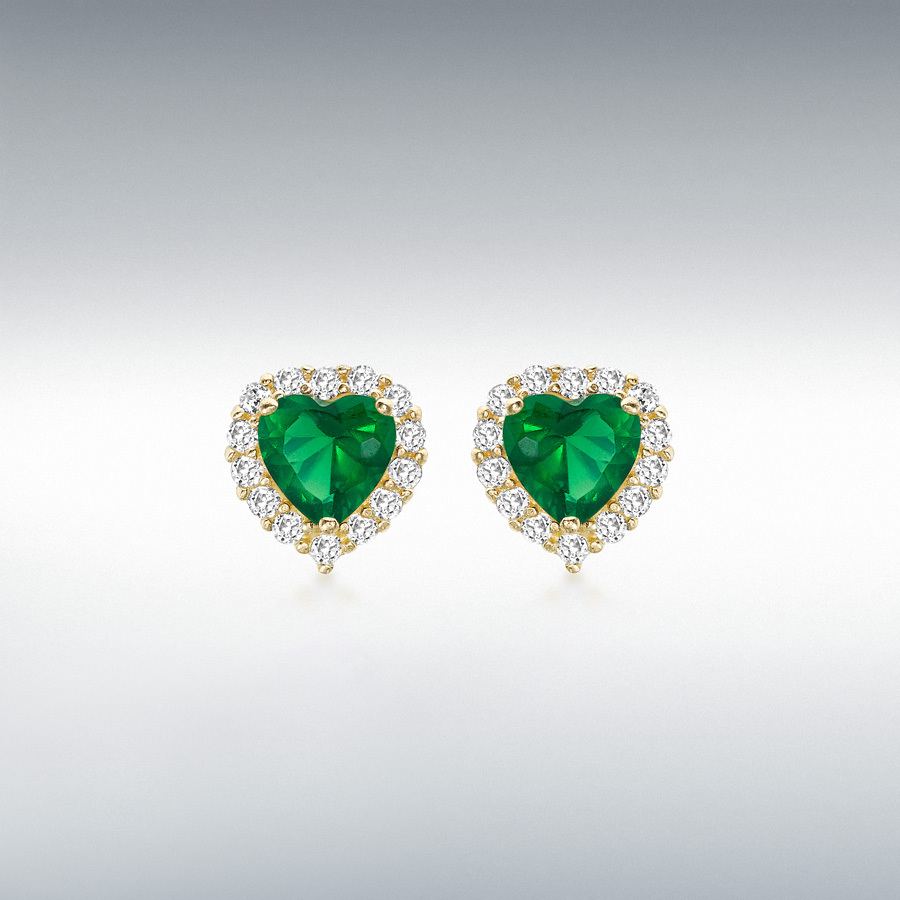 9ct Yellow Gold Green and White CZ 9mm x 9mm Heart Cluster Stud Earrings