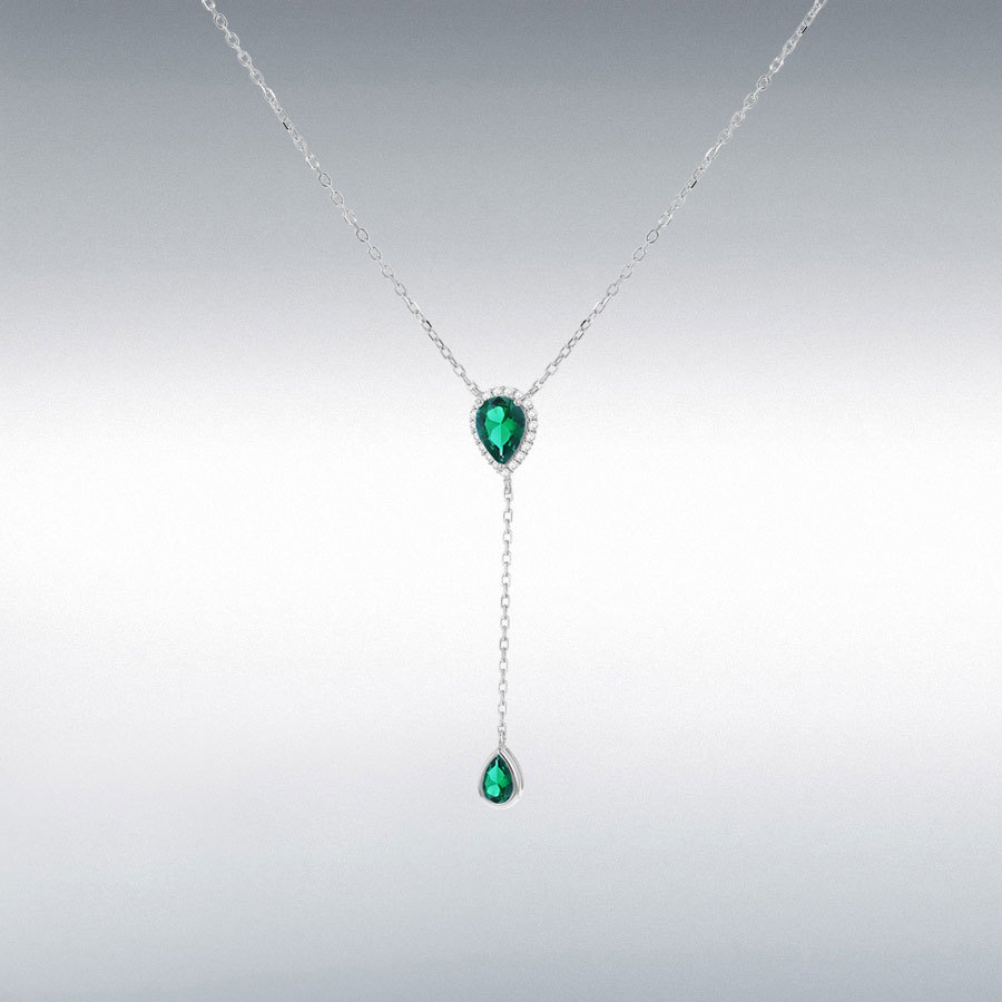 Sterling Silver Rhodium Plated Green and White CZ Teardrop Adjustable Lariat Necklace 38cm/15"-43cm/17"