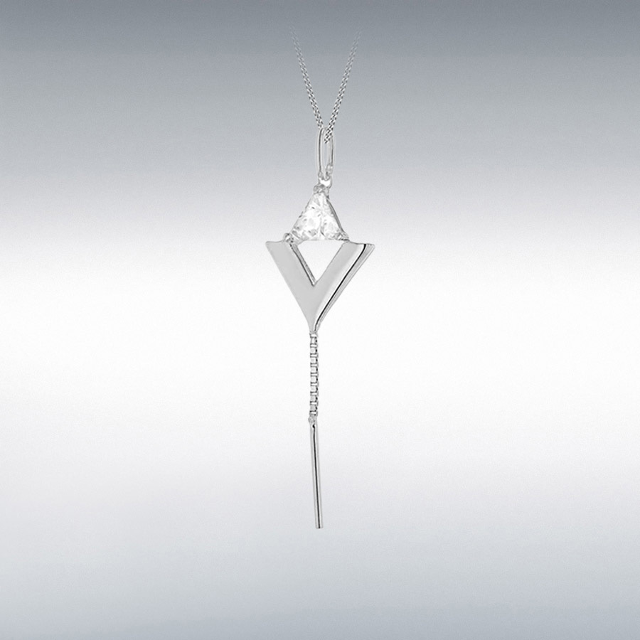 Sterling Silver Rhodium Plated CZ Triangle and Chain Drop Pendant