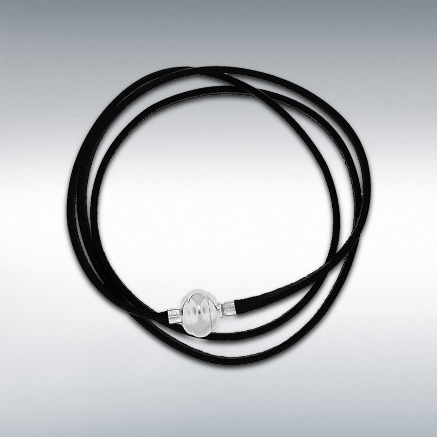 Sterling Silver Black Leather Wrap Bracelet 61cm/24"