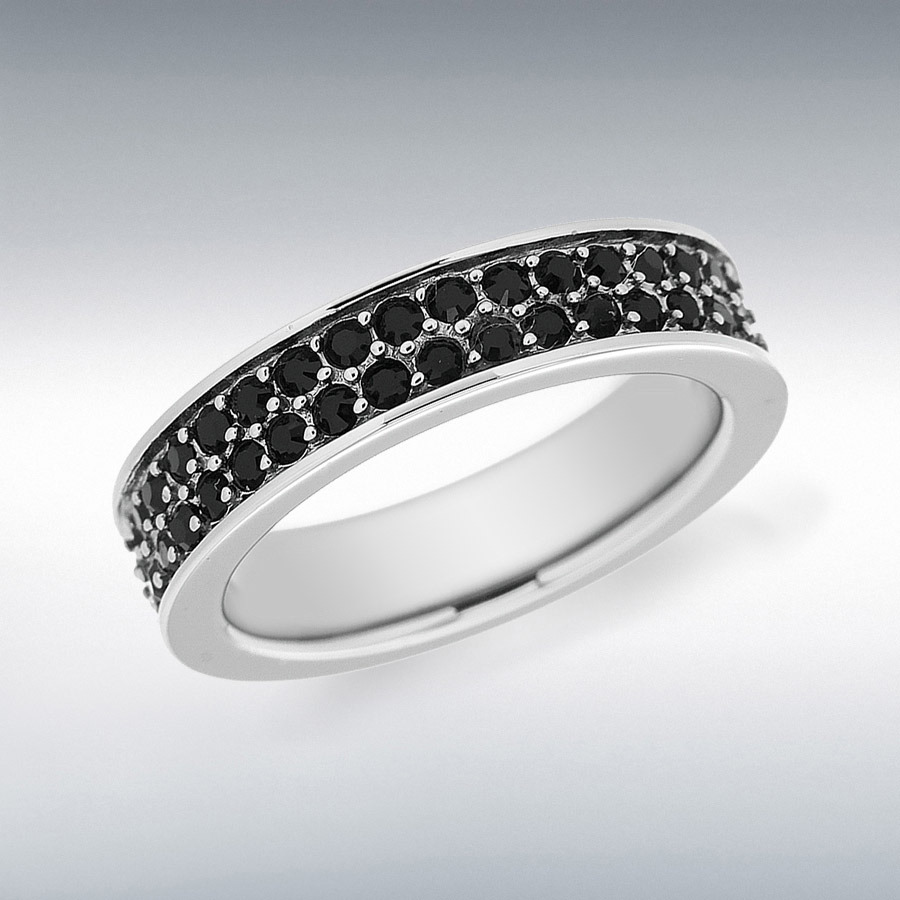 Sterling Silver Rhodium Plated Double-Row Black Crystal Band Stacking Ring