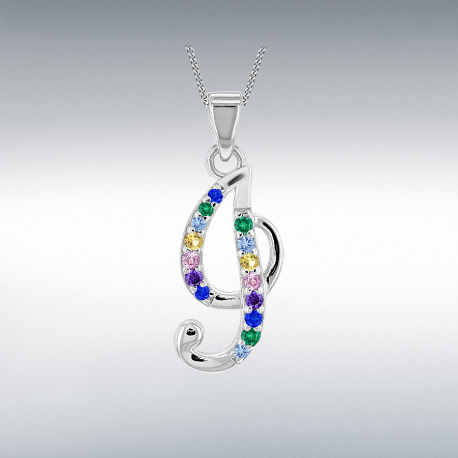 Sterling Silver Rhodium Plated with Multi-Coloured CZ Script I Initial Pendant