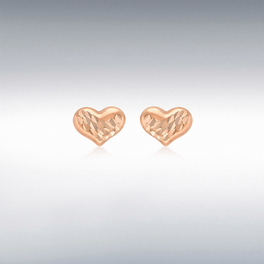 9ct Rose Gold Diamond Cut 7.5mm x 6mm Heart Stud Earrings