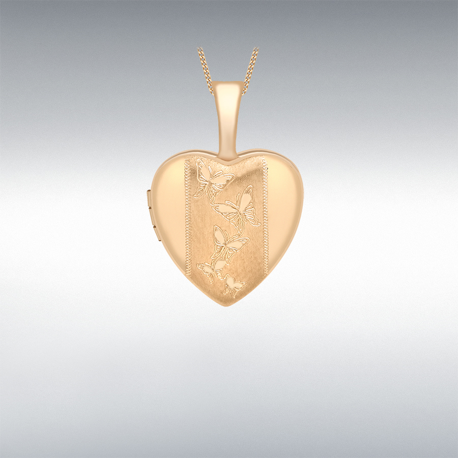 9ct Rose Gold 12mm x 18mm Etched Butterfly-Detail Heart Locket