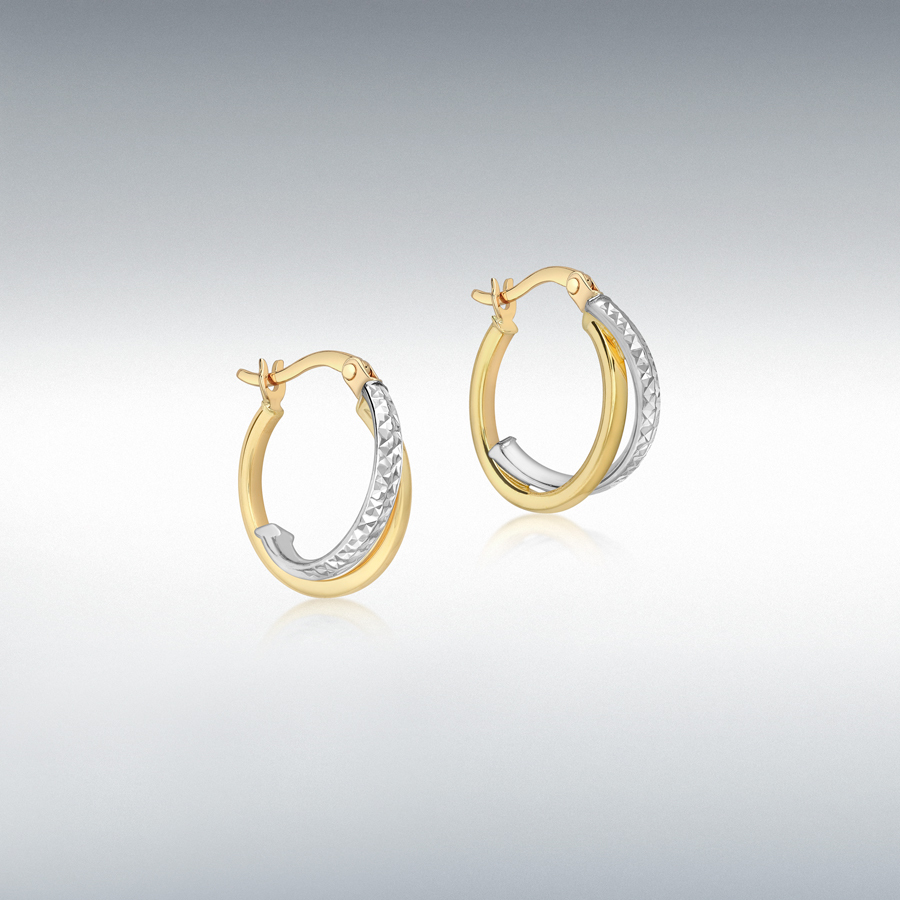 9ct 2-Colour Gold 16mm Diamond Cut and Plain 2mm Band Crossover Hoop Creole Earrings