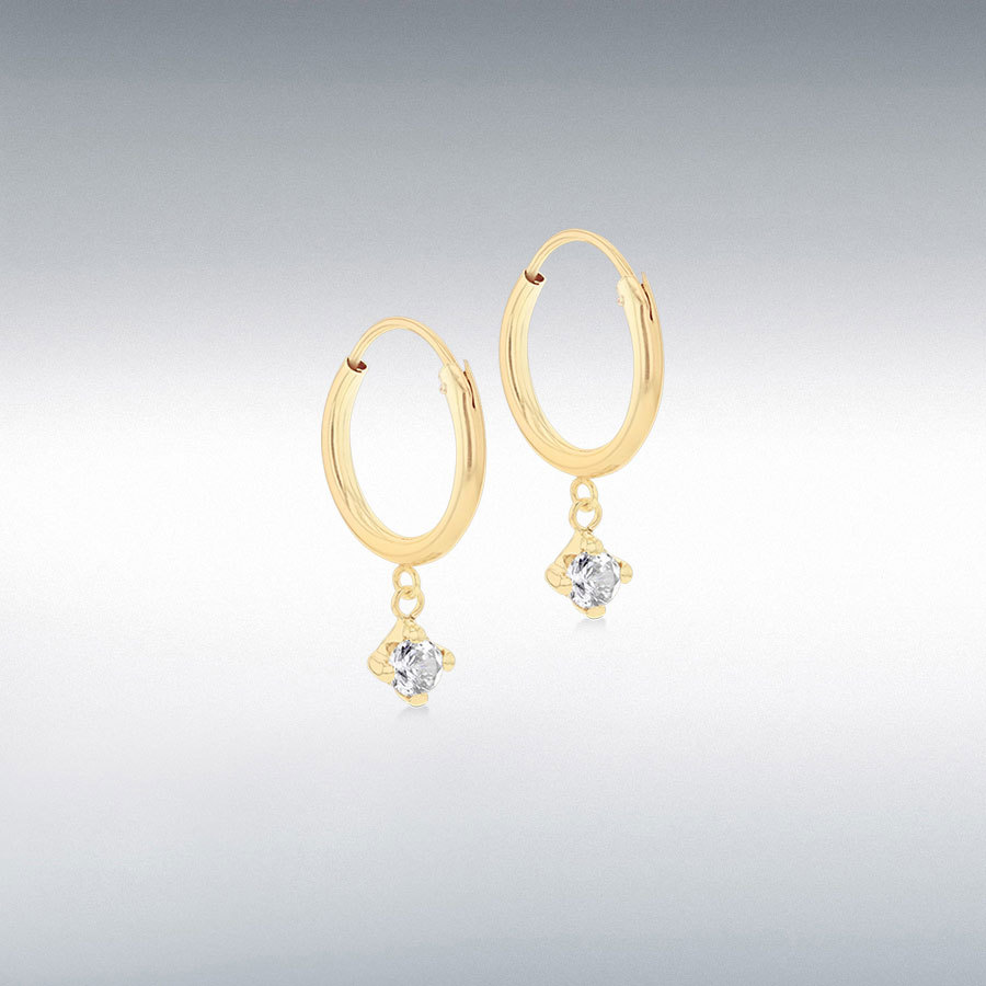 9ct Yellow Gold 3mm Round White CZ 12mm Endless Hoop Drop Earrings