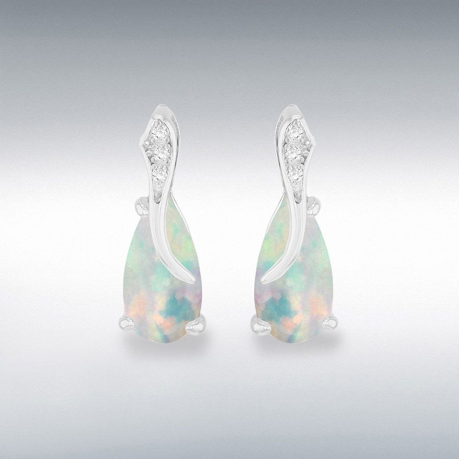Sterling Silver Rhodium Plated Pear Shaped Synthetic Opal and White CZ 6mm x 15mm Crossover Stud Earrings