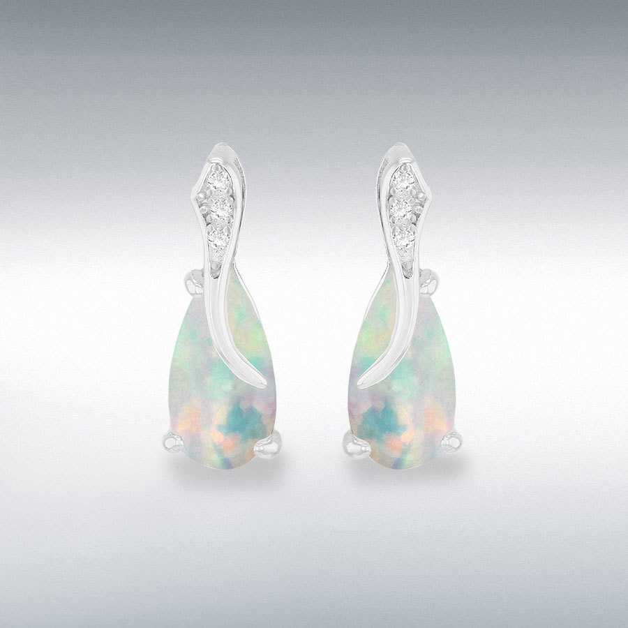 Sterling Silver Rhodium Plated Pear Shaped Synthetic Opal and White CZ 6mm x 15mm Crossover Stud Earrings
