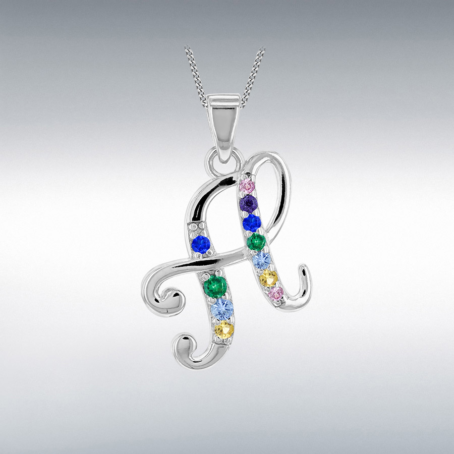 Sterling Silver Rhodium Plated with Multi-Coloured CZ Script H Initial Pendant