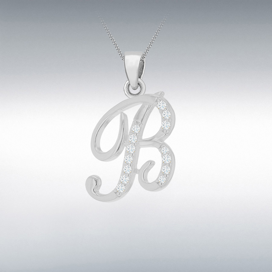  Sterling Silver Rhodium Plated CZ 12.5mm x 19mm Script 'B' Initial Pendant