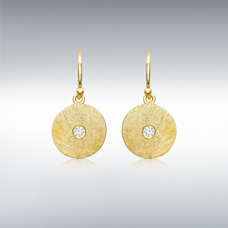 9ct Yellow Gold CZ 11.5mm x 22.5mm Brushed Disc Drop Earrings