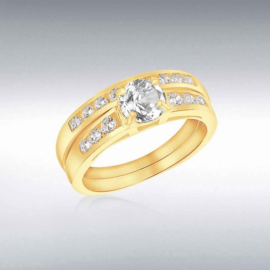 Sterling Silver Yellow Gold Plated CZ Engagement and Wedding Band Rings