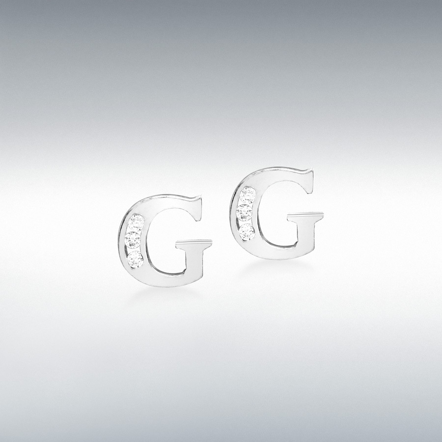 9ct White Gold CZ 6mm x 6mm 'G' Initial Stud Earrings