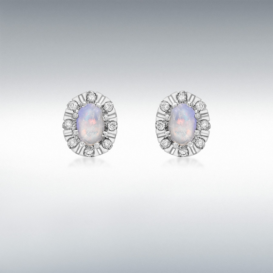 9ct White Gold 0.16ct Diamond and Opal Cluster 8mm x 10mm Stud Earrings