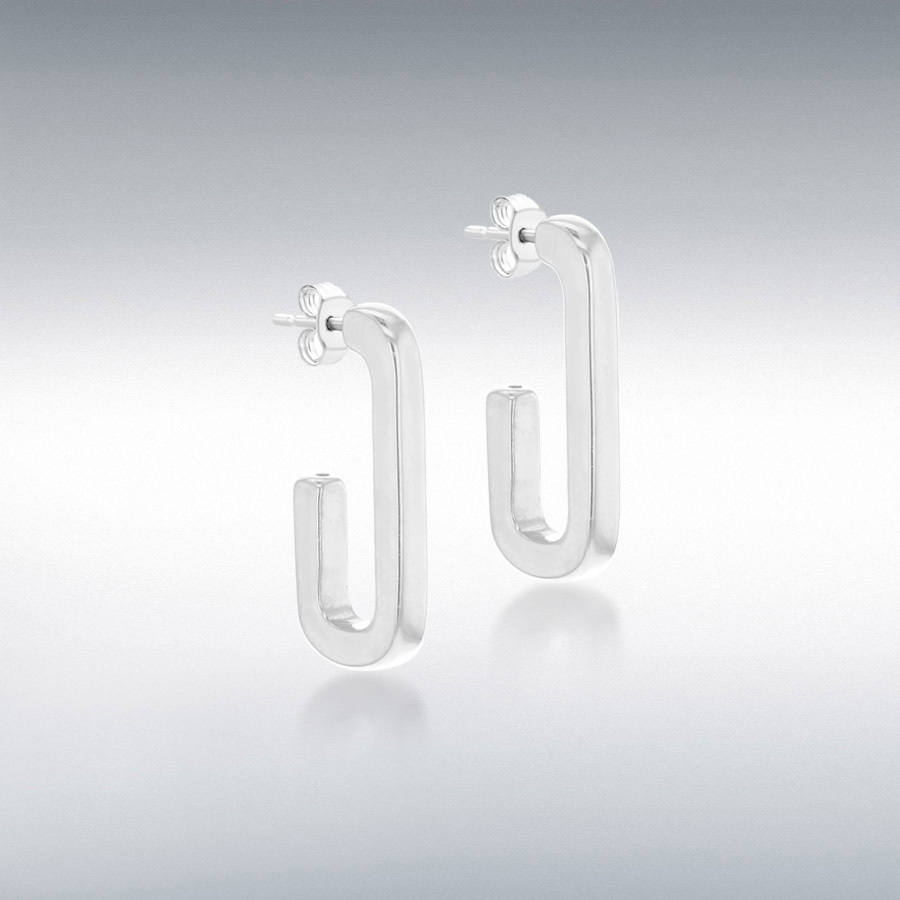 Sterling Silver 12mm x 25mm Rectangular-Half-Hoop Earrings