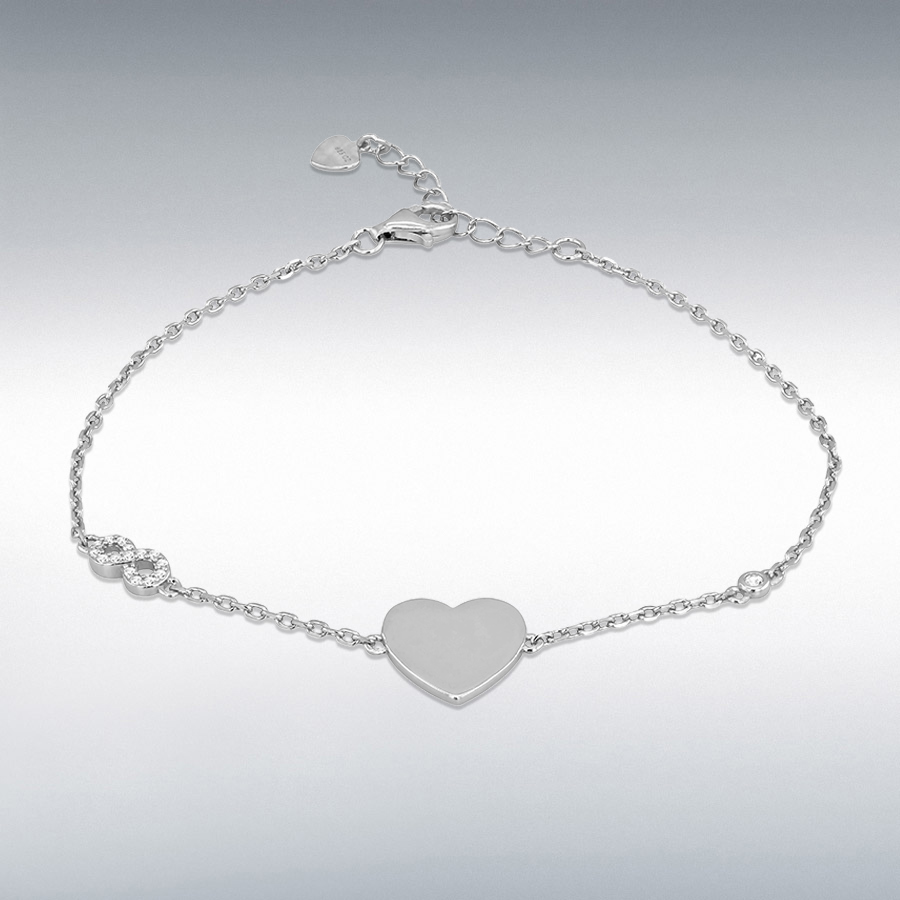 Sterling Silver CZ 12.5mm x 12.5mm Heart and Infinity Adjustable Bracelet 19cm/7.5"-21.5cm/8.5"