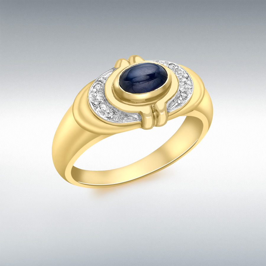 9ct Yellow Gold 0.02ct Diamond and Cabochon Sapphire Ring