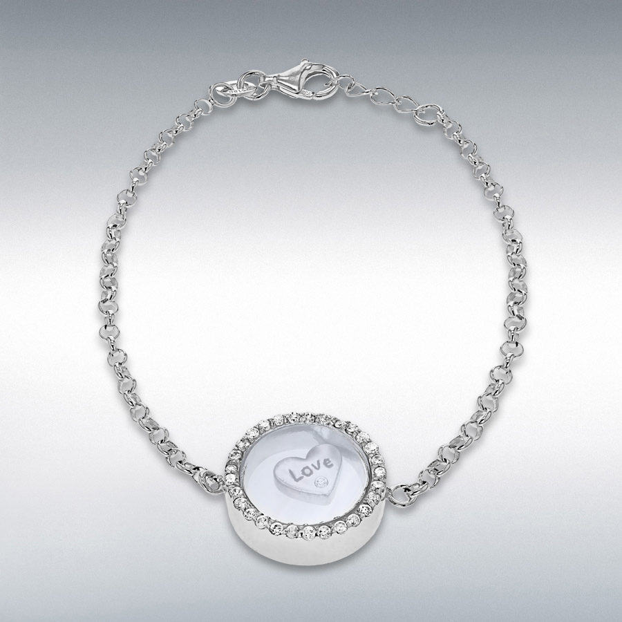 Sterling Silver Rhodium Plated CZ Floating Heart Locket Adjustable Bracelet 16cm/6.5" - 18cm/7"