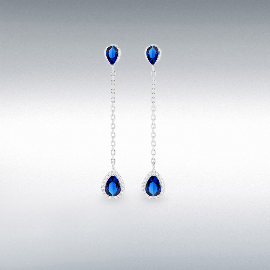 Sterling Silver Rhodium Plated Blue and White CZ Teardrop Drop Earring