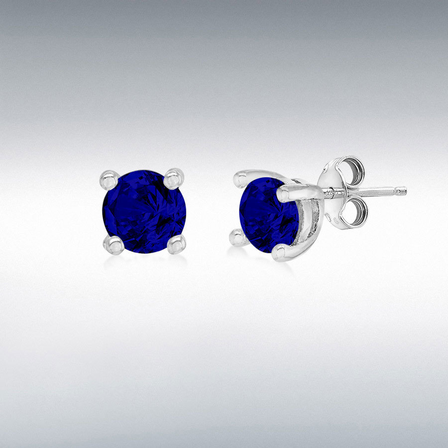 Sterling Silver Rhodium Plated Sapphire 4mm Glass Stone September Birthstone Stud Earring