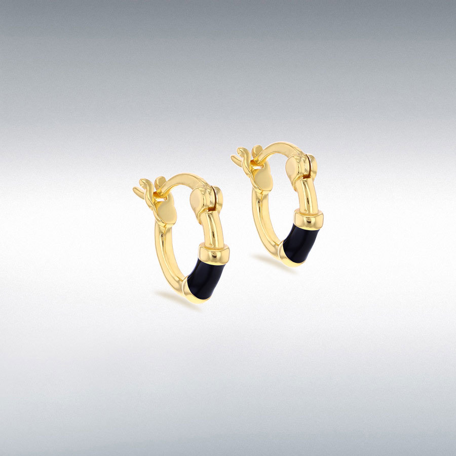 Sterling Silver Yellow Gold Plated 10mm Black Enamel Huggie Hoop Earrings