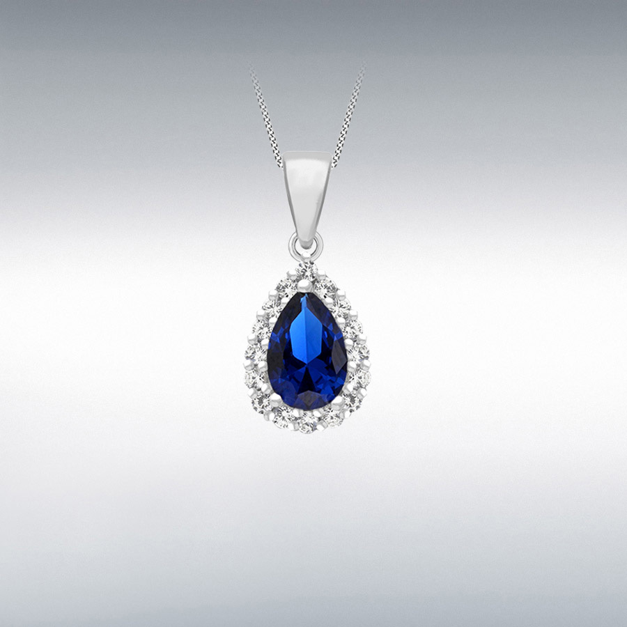 Sterling Silver Rhodium Plated CZ and Synthetic Blue Spinel 9.5mm x 21.5mm Pendant