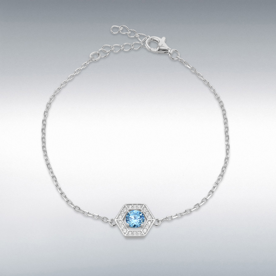 Sterling Silver Rhodium Plated 11mm x 9.5mm Round Small White CZ Halo Hexagon with 5mm Round Light Blue CZ Bracelet 16cm/6.25" - 19cm/7.5"