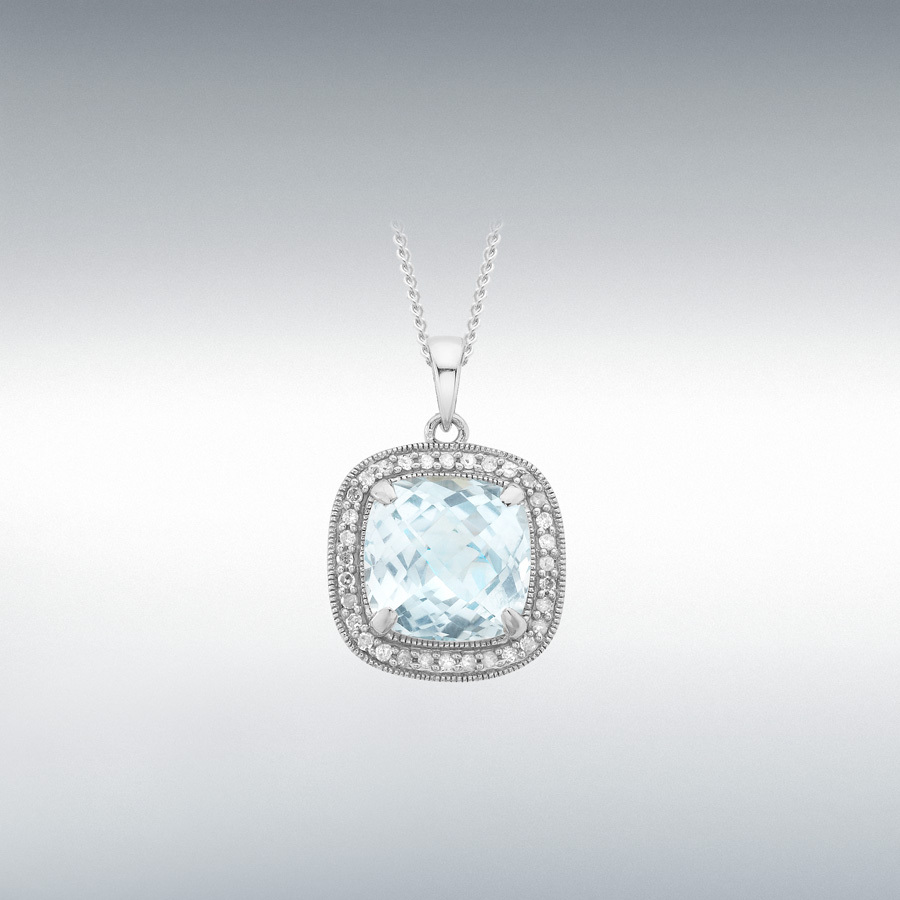 9ct White Gold 0.13ct Diamond and Cushion Cut Blue Topaz 13.1mm x 20mm Pendant