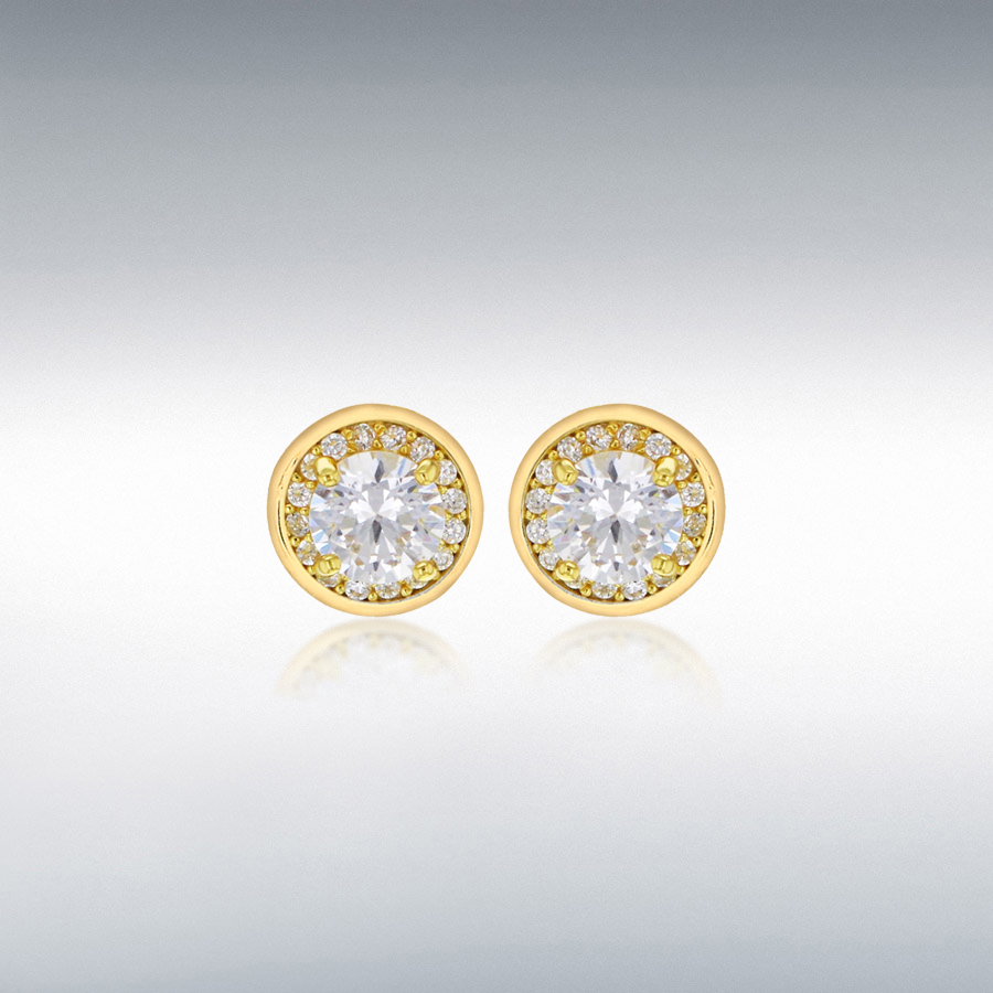 Sterling Silver Yellow Gold Plated CZ 8mm Round Halo Stud Earrings