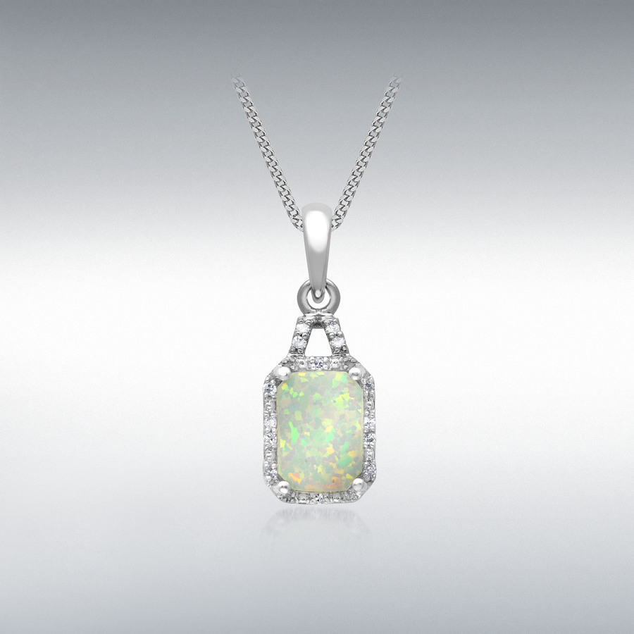 9ct White Gold 0.03ct Diamond and Synthetic Opal 6.5mm x 18mm Rectangular Halo Pendant