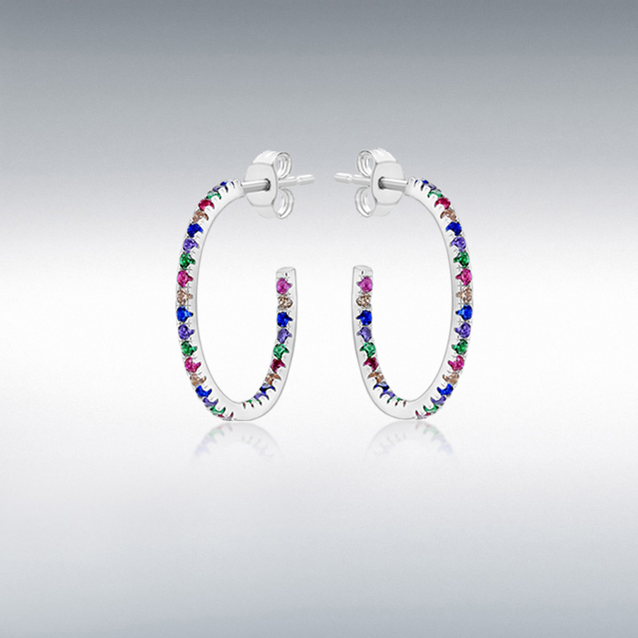 Sterling Silver Rhodium Plated 66-Stone 1.3mm Round Multi-Coloured CZ 1.6mm x 23mm Hoop Stud Earrings