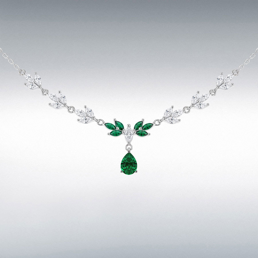 Sterling Silver Rhodium Plated White Marquise CZ and Marquise Green Glass Necklet 42cm/16.5"- 45cm/17.75"