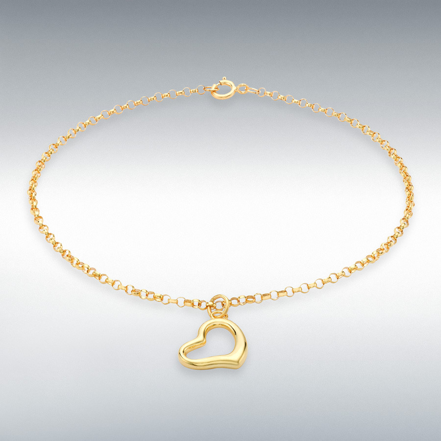 9ct Yellow Gold 11mm x 10mm 'Heart' Charm Round-Belcher-Chain Bracelet 18cm/7