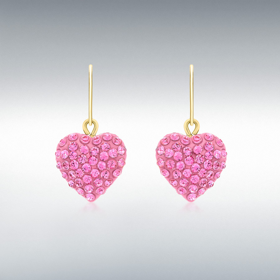 9ct Yellow Gold Pink Crystalique 10mm x 21mm Heart Drop Earrings