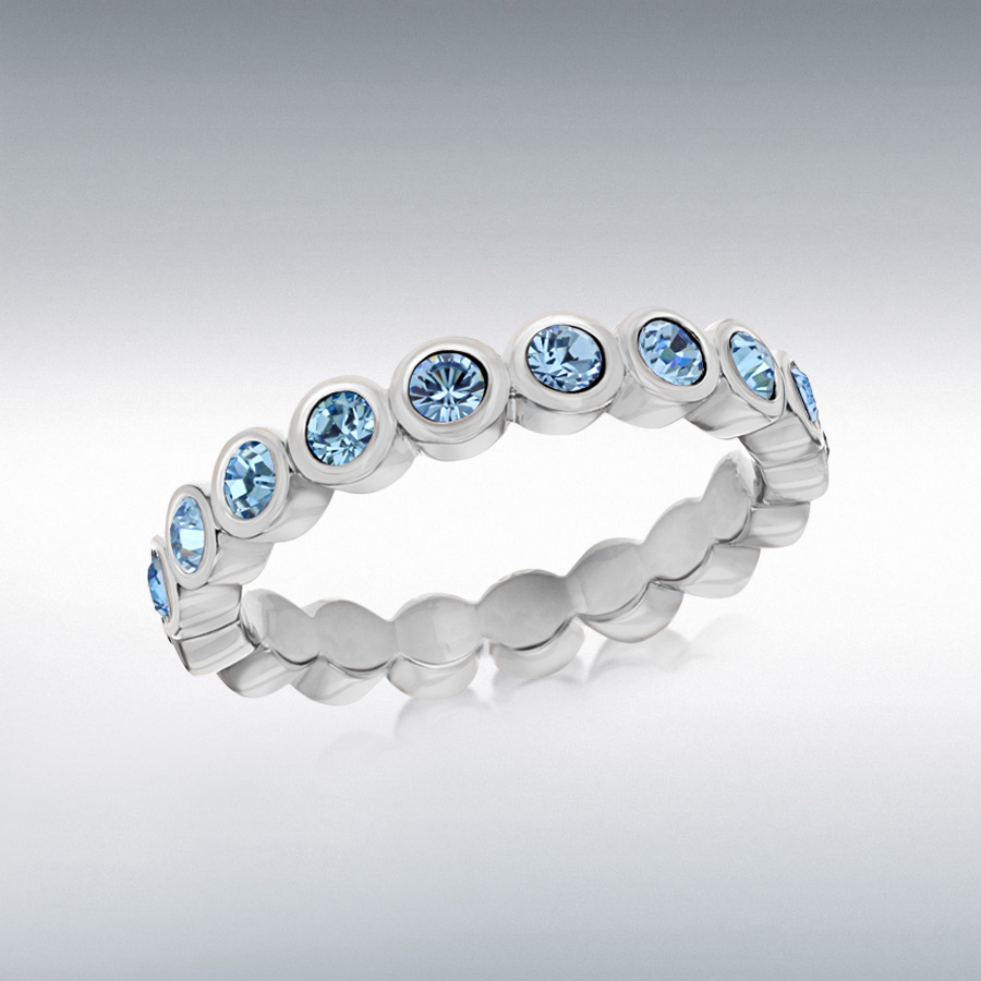 Sterling Silver Rhodium Plated Round Blue Crystal 4mm Band Stacking Ring