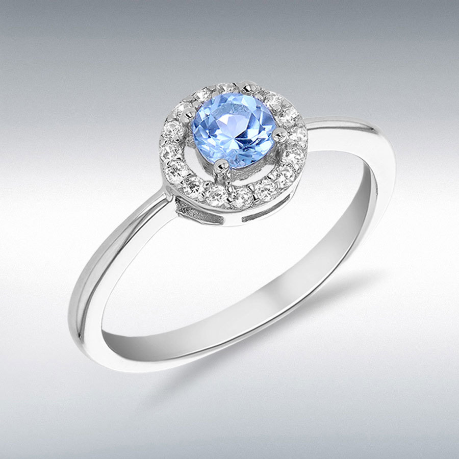 Sterling Silver Rhodium Plated Blue Topaz and CZ 7.5mm Halo Tapered-Shoulder Ring