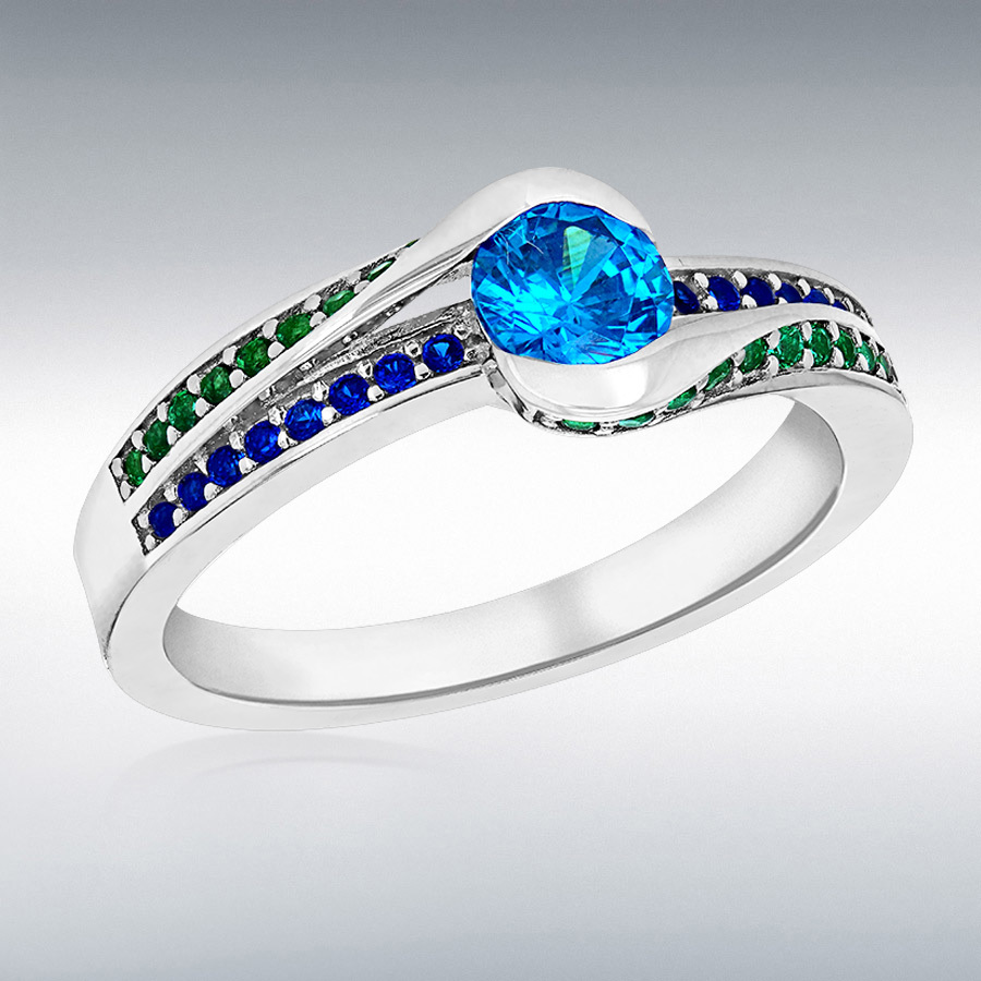 Sterling Silver Rhodium Plated Blue and Green CZ Bypass-Shoulder Ring