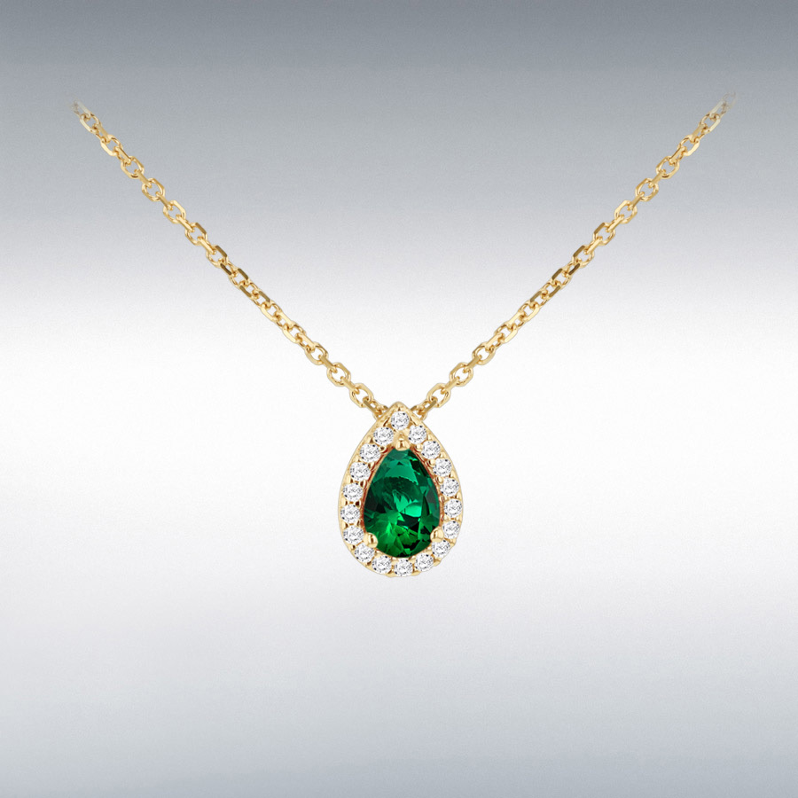 9ct Yellow Gold Green Pear Shape CZ Halo Necklace 43cm/17"-46cm/18"